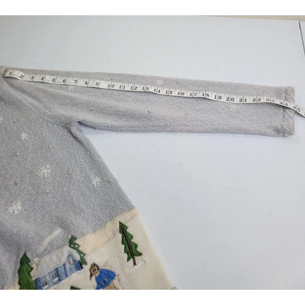 NOS VTG Keren Hart Cardigan Sweater Winter Ski Scene Bead Snowflake Gray Small